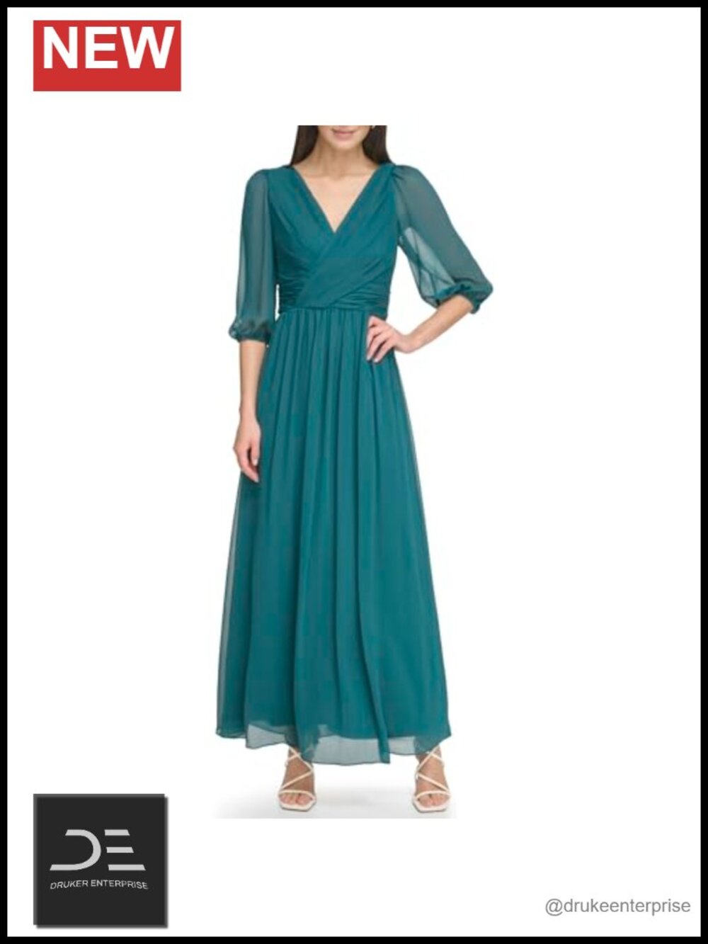 Long Chiffon V-Neck Maxi Dress 3/4 Sleeve Side Slit A-Line